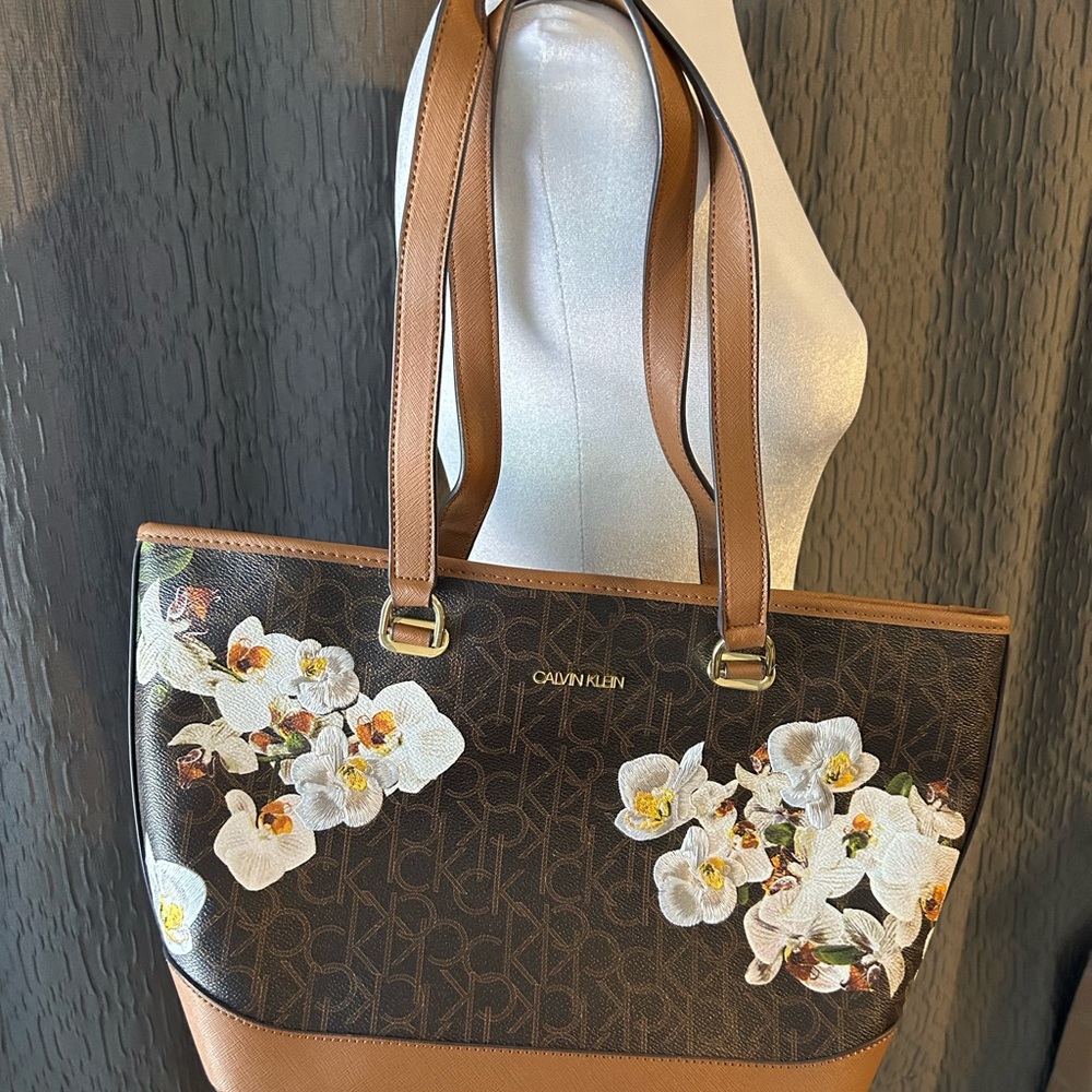 Calvin Klein Brown and White Floral Tote